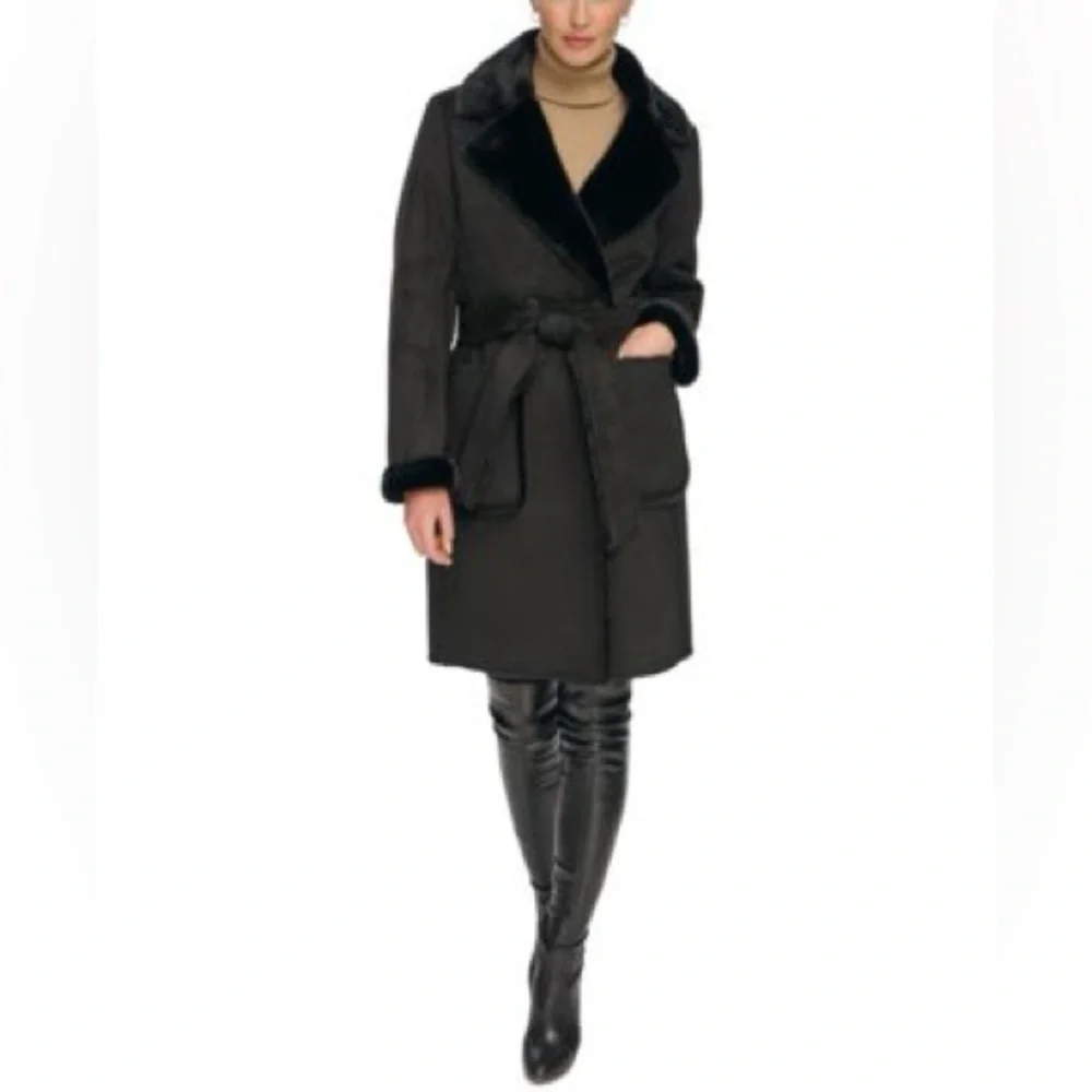 DKNY Women's Petite Belted Notched-Collar Faux-Shearling Coat